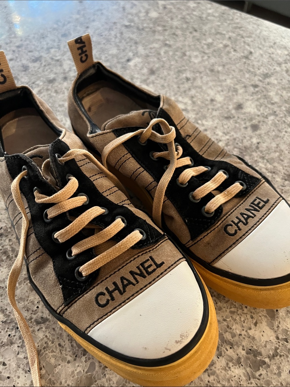 CHANEL Beige, Black, White & Yellow Low-Top Sneakers